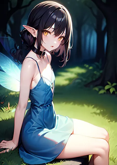 girl, solo, blue dress, slim,shaply, sitting, dark hair, bright eyes, slim hips, collar, (fairy wings on back:1.5), dark forest, (dark night), from bellow, from side, dynamic pose, pale skin, sad, clothes folds, (black grass:1.5),