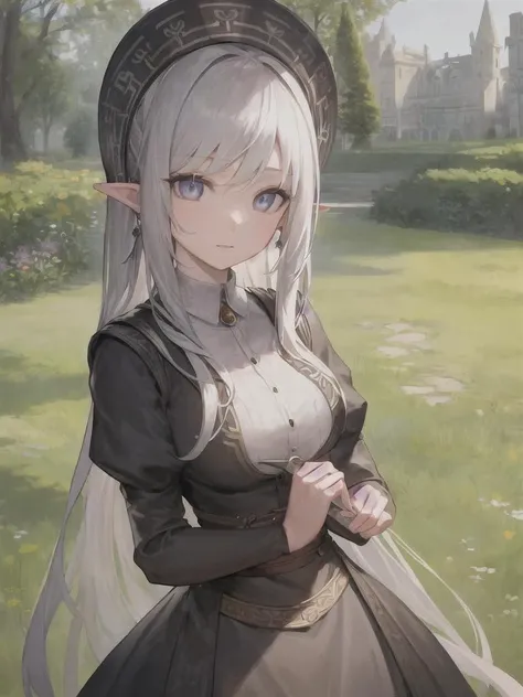 masterpiece, best quality, ultra-detailed, illustration, portrait, best Light and Shadow quality,4k,8k, medieval, elf, ancient architecture, 1girk, maid, grass on building, very detailed eyes, portrait, detailed face, garden, insane detail, artistic, best Light and Shadow quality, ltra-detailed, beautiful detailed eyes:1.2), illustration, portrait, s