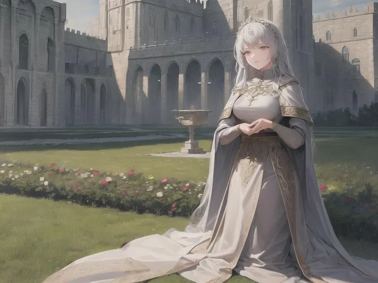 masterpiece, best quality, ultra-detailed, illustration, best Light and Shadow quality,4k,8k, medieval, ancient architecture, 1girl, grass on building, very detailed eyes,  detailed face, garden, insane detail, artistic, best Light and Shadow quality, ultra-detailed, beautiful detailed eyes:1.2), illustration, beautiful nature, architecture, building, castle, perfect architecture, magnificent, otherwordly, fantasy architecture, witch, priestess, empress, thrones, roses, flowers, big animal, fantasy creature,