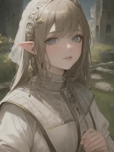 masterpiece, best quality, ultra-detailed, illustration, portrait, best Light and Shadow quality,4k,8k, medieval, elf, ancient architecture, 1girk, maid, grass on building, very detailed eyes, portrait, detailed face, garden, insane detail, artistic, best Light and Shadow quality, ltra-detailed, beautiful detailed eyes:1.2), illustration, portrait,