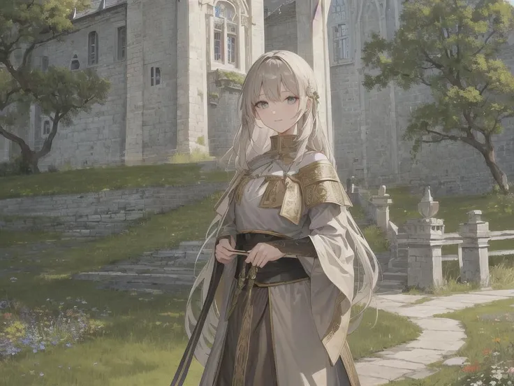 masterpiece, best quality, ultra-detailed, illustration, best Light and Shadow quality,4k,8k, medieval, ancient architecture, 1girl, grass on building, very detailed eyes, detailed face, garden, insane detail, artistic, best Light and Shadow quality, ultra-detailed, beautiful detailed eyes:1.2), illustration, beautiful nature, architecture, building, castle,