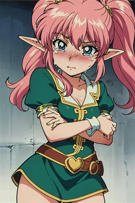 ((best quality)), ((highly detailed)), masterpiece, ((official art)), elf female warrior, beautiful pose, pink hair, (pigtails:1.1), (mad), crying, sad, blushing, (detailed eyes, deep eyes), (1girl), <lora:bluetheboneEsthetic80s_bluethebone19:0.3>, bluethebone, 1980s \(style\),  <lora:esthetic90sStyle_90sv1:0.3> <lora:dowmanSaymanStyle_v10:0.3> <lora:estheticLouiseFrancoise_louisev1:0.3> <lora:ibukichiArtistStyle_v10:0.3>