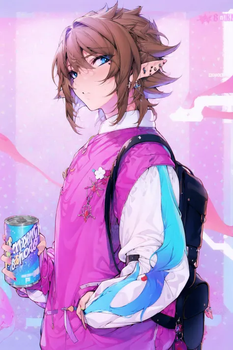 1boy, backpack, bag, blonde hair, blue eyes, blue nails, brown hair, can, cup, disposable cup, drink, earrings, gradient, gradient background, hand in pocket, holding, holding can, holding cup, jacket, jewelry, link, long sleeves, looking at viewer, male focus, nail polish, pointy ears, purple background, shoulder bag, solo, upper body <lora:mazav2C(1):1>