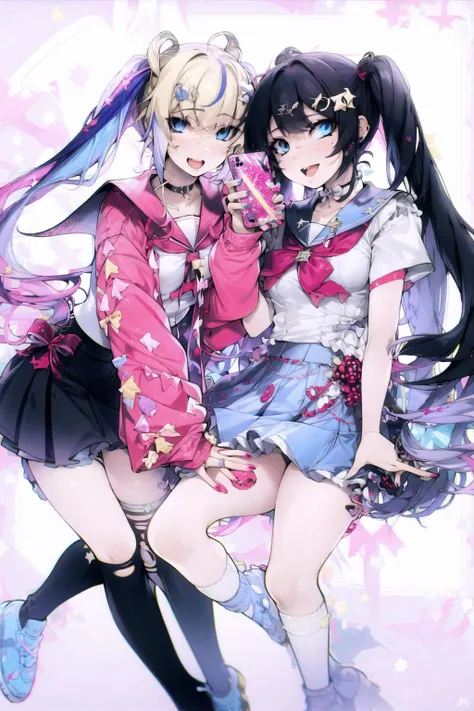 2girls, black legwear, black skirt, blonde hair, blue eyes, blue nails, bow, cellphone, choker, hair ornament, hairclip, holding, holding phone, iphone, long hair, looking at viewer, multicolored hair, multiple girls, nail polish, open mouth, phone, pink nails, ribbon, sailor collar, school uniform, selfie, serafuku, shirt, skirt, smartphone, smile, socks, star \(symbol\), star hair ornament, twintails, very long hair, x hair ornament <lora:mazav2C(1):1>