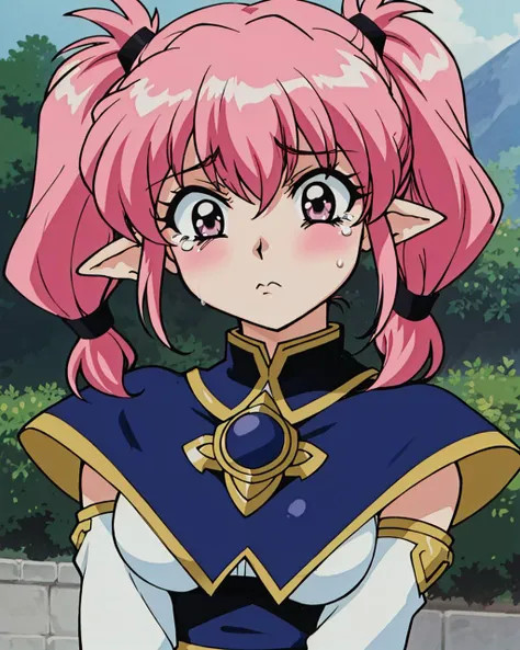 a close up of a person with pink hair, (pigtails:1.2), official studio anime still, little elf girl, she is frightened, large ears, pouty, archival quality image, goblins attacking, crying big blue tears, maven, official artwork, kali, cleric, exploitable image, anvil, uncropped, arsen lupin as a paladin, (1girl), <lora:bluetheboneEsthetic80s_bluethebone19:0.3>, bluethebone, 1980s \(style\),  <lora:esthetic90sStyle_90sv1:0.3> <lora:dowmanSaymanStyle_v10:0.3> <lora:estheticLouiseFrancoise_louisev1:0.3> <lora:ibukichiArtistStyle_v10:0.3>
