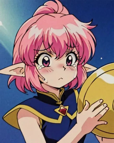 a close up of a person with pink hair, official studio anime still, little elf ????, she is frightened, large ears, pouty, archival quality image, goblins attacking, crying big blue tears, maven, official artwork, kali, cleric, exploitable image, anvil, uncropped, arsen lupin as a paladin, (1girl), <lora:bluetheboneEsthetic80s_bluethebone19:0.3>, bluethebone, 1980s \(style\),  <lora:esthetic90sStyle_90sv1:0.3> <lora:dowmanSaymanStyle_v10:0.3> <lora:estheticLouiseFrancoise_louisev1:0.3> <lora:ibukichiArtistStyle_v10:0.3>