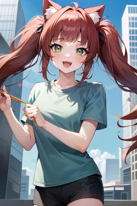 (masterpiece, best quality, ultra-detailed), absurdres, colorful, upper body, standing, 1girl, solo, (blue t-shirt, short sleeves:1.0), black shorts, (solid green eyes:1.2), (red hair, long hair, twintails, blunt bangs:1.2), cat ears, (detailed eyes, wide-eyed, eyelashes), (:3:1.0), open mouth, gloss, outdoors, wind, light particles, looking at viewer, detailed fangs, blue skyscrapers, window, detailed background, street