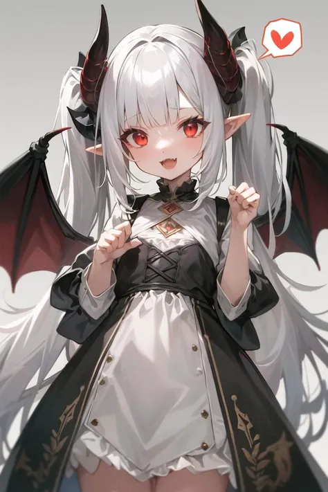 (masterpiece, best quality, ultra-detailed, absurdres:1.0), colorful, upper body, standing, demon girl, demon horns, demon wings, mini wings, demon tail, (solid red eyes:1.2), (white hair, long hair, twintails, blunt bangs:1.1), (detailed eyes, wide-eyed, eyelashes), (:3:1.0), open mouth, looking at viewer, white background, long pointy ears, fangs, (glowing eyes:1.1), small crown, spoken heart