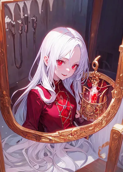 vampire, red alchemy potions, red alchemy potion, potion bottle, glowing red potion, masterpiece, best quality, ultra-detailed, illustration, ultra-detailed face, best quality face, evil, 30 years old, adult, 1girl, 30 years old, <lora:majesticContainers_v10:1>, no human, white hair, alchemy outfit, intricate detailed outfit