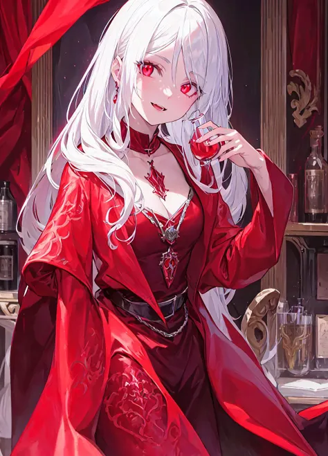 vampire, red alchemy potions, red alchemy potion, potion bottle, glowing red potion, masterpiece, best quality, ultra-detailed, illustration, ultra-detailed face, best quality face, evil, 30 years old, adult, 1girl, 30 years old, <lora:majesticContainers_v10:1>, no human, white hair, alchemy outfit, intricate detailed outfit