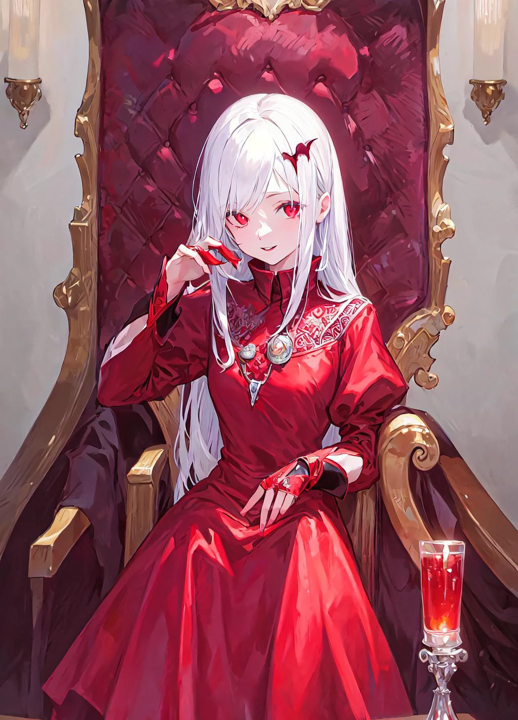 vampire, red alchemy potions, red alchemy potion, potion bottle, glowing red potion, masterpiece, best quality, ultra-detailed, illustration, ultra-detailed face, best quality face, evil, 30 years old, adult, 1girl, 30 years old, <lora:majesticContainers_v10:1>, no human, white hair, alchemy outfit, intricate detailed outfit