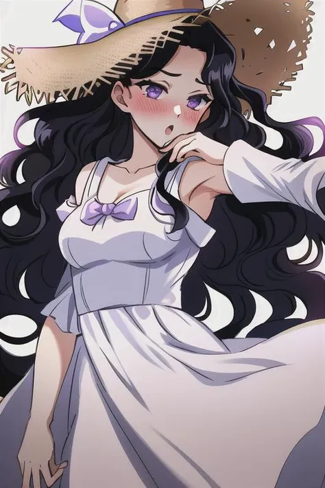 masterpiece, best quality, absurdres, 1girl, yamagishi yukako, <lora:yamagishi_yukako:0.65>, medium breasts, long hair, black hair, wavy hair, purple eyes, straw hat, long dress, white dress, detached sleeves, bow, dramatic lighting, sunny, upper body, (backlighting:1.1), :o, blush