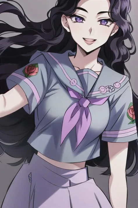 masterpiece, best quality, absurdres, 1girl, yamagishi yukako, <lora:yamagishi_yukako:0.7>, medium breasts, long hair, black hair, wavy hair, purple eyes, school uniform, rose, serafuku, short sleeves, dramatic lighting, (close-up:1.3), upper body, portrait, smile, skirt