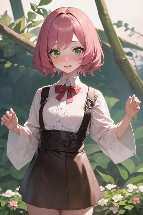 masterpiece, best quality, ultra-detailed, absurdres, colorful, upper body, standing, 1girl, solo, (solid green eyes:1.0), (pink hair, short hair:1.0), detailed eyes, wide-eyed, eyelashes, (white background:1.0), embarrassed