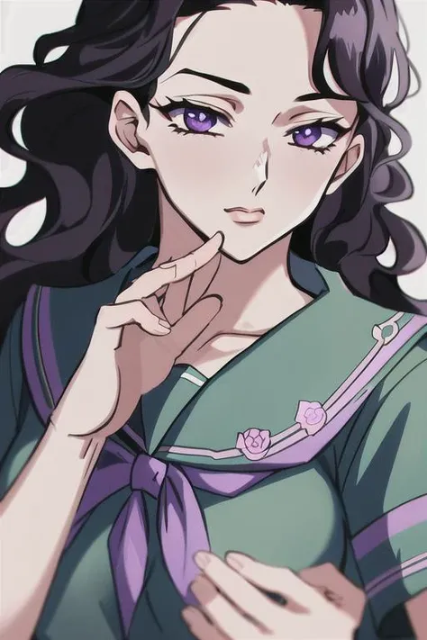 masterpiece, best quality, absurdres, 1girl, yamagishi yukako, <lora:yamagishi_yukako:0.7>, medium breasts, long hair, black hair, wavy hair, purple eyes, school uniform, rose, serafuku, short sleeves, dramatic lighting, (close-up:1.3), upper body, portrait
