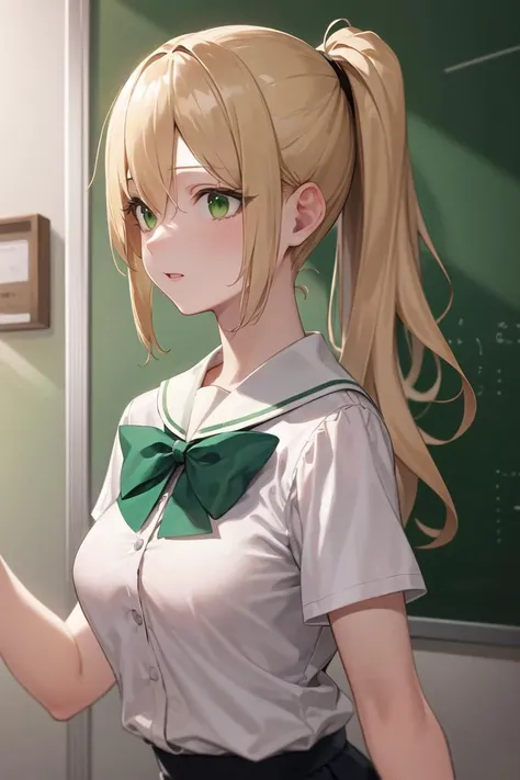 masterpiece, best quality, ultra-detailed, absurdres, colorful, (upper body:0.9), 1girl, solo, (solid green eyes:1.0), (blonde hair, hair over eyes, long hair:1.0), detailed eyes, wide-eyed, eyelashes, (white background:1.0), (classroom:0.8), skirt, sailor, short sleeves, (side view:0.8), ponytail , medium breast, green bowtie, daylight, chalkboard