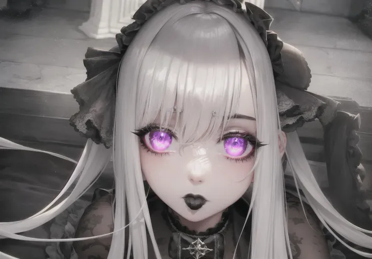 1girl, hyper realistic, very detailed, light particles, goth, black lipstick, black nails, eyeshadow, mascara, makeup, glowing eyes, staring, blank stare, wide eyes, neutral expression, expressionless, from above, looking up, sitting, very long hair, white hair, gothic cathedral, full body shot, colorful windowpanes, colored light rays falling on face, head tilted