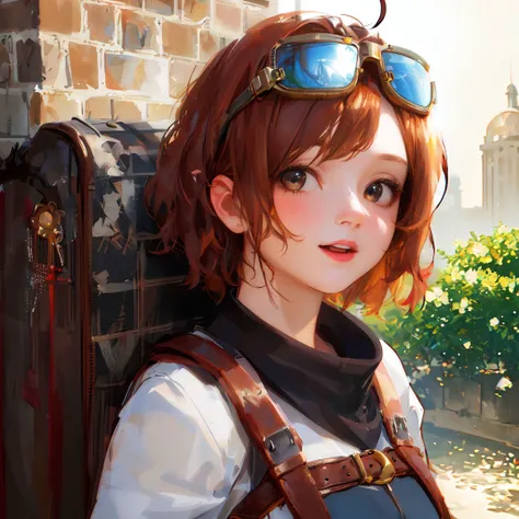 1 girl
Short hair, chestnut hair, cute big eyes, mischievous, happy, face_band-aid
Medieval adventurer costume, fantasy costume, big aviator goggles hanging on forehead, fingerless gloves, dirty clothes, short sleeves
Carrying a brown leather backpack
Tilt your head,
Natural light, professional lighting
High saturation, comfortable color
Normal camera view, head-up, portrait
Blurred background, lively, light dust
cartoon, drawing,
Master-level coloring, thick coating texture,
best quality, masterpiece, ultra detailed, hires, 8K, extremely detailed CG unity 8k wallpaper, intricate, highly detailed, realistic, rich details, physically based rendering