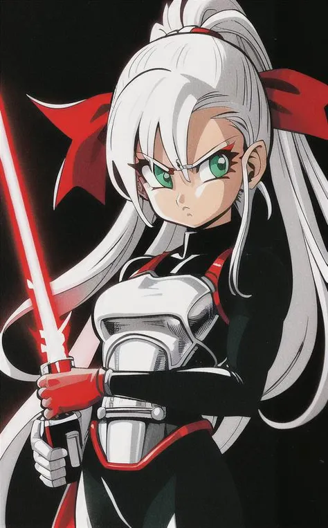 blank black background, 1 red lightsaber in 1 hand, star wars, masterpiece, face focused, sharp image, facing viewer, long silver hair red ribbons, green eyes, red spandex suit, saiyan armor , small breasts, toriyama akira <lora:akiraToriyamaStyle_toriyamaAkira3:0.6> stylish gear
<lora:fighterDragonQuest_v10:.4>