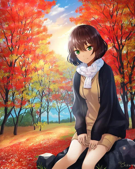 <lora:Hoshino-10:1> 1Girl , Solo , leaning against a wall , dark skin , green eyes , dark hair , short hair , crochet or knit cardigans and shawls , slight smile , stream ,corn fields ,autumn brown trees , orange sun , orange sky and clouds , falling brown leaves , <lora:colors_v1:1> ((cottagecore)) , balance , (autumn)