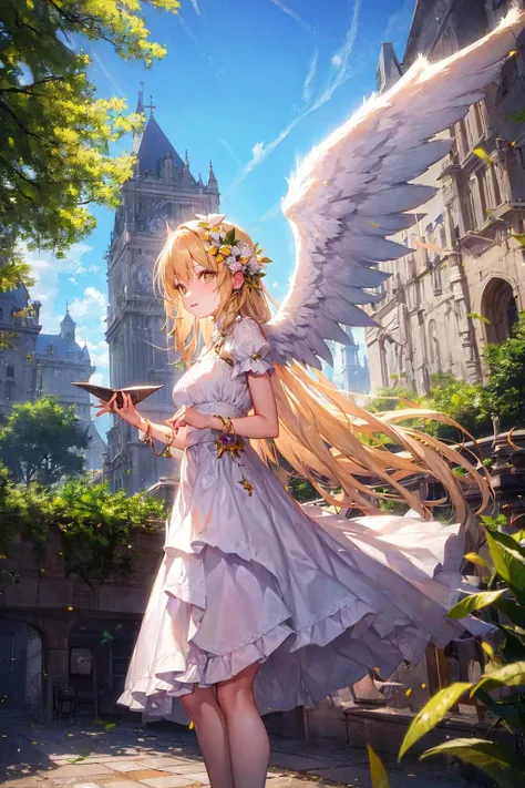yellow long hair girl , angel , white dress , 2 wings , standing , outdoor