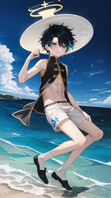 (best quality), {masterpiece}, {extremely detailed}, {ultra-detailed}, {highres}, {absurdres}, (1boy:1.4), young boy, male focus, solo, anime, full body shot, (black chinese clothes, hat with gold plate and spider lily, white shorts, white socks, no shoes), (multicolored hair, black hair, very short hair, blue hair), black background, aqua eyes, water particles, ((background is in the ocean,underwear)), holding a water magic wand, smile, fish, halo, marine organism, coral,blue water butterfly,medium build, (finely detailed face and eyes), in the ocean, (magic world), cowboy shot, ((full body)) , lens flare, fancy background, blue background, (abs:0.8),ocean,