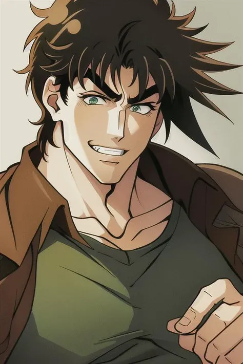 masterpiece, best quality, absurdres, 1boy, upper body, portrait, (joseph joestar), brown hair, grin, (calm, kind), <lora:phantom_blood_battle_tendency:0.65>