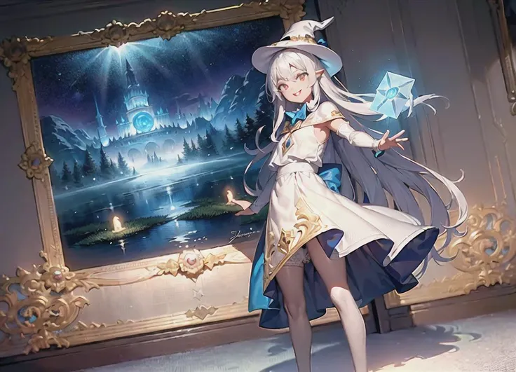 (masterpiece, top quality, best quality, official art, beautiful and aesthetic:1.2), (1 man standing), extreme detailed, highest detailed, (wizard hat), Magician, Wand, Adventure, (detail Outskirts background), (forest), (Magic World), ((A huge blue magic cube with blue light floating in the air)), Magic Circle, Sealed Demon, Wrath, Magic Text, (Huge Book ahead) , wide background, full body, ((long Shot)), (((symmetrical composition))), (front) ,(confident smiley face), (confident eyes), ((Morning)), ((daytime)), clouds, ((elevation angle)), (white clothing)