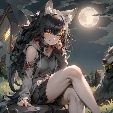 best quality, masterpiece,fisheye,outside,grasslands,night,(solo:1.2),1girl,wolf girl,mio hoodie,black hair,beautiful face,sitting on rock,hand in own hair,evil smile, crazy eyes, <lora:ookamiMioV3:1:1,1,1,1,0,0,1,1,1,1,1,1,0,0,0,0,0>,<lora:OC:1:1,0,0,0,1,1,0,0,0,0,0,0,1,1,1,1,1>