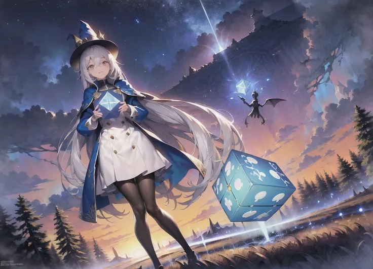 (masterpiece, top quality, best quality, official art, beautiful and aesthetic:1.2), (1 man standing), extreme detailed, highest detailed, (wizard hat), Magician, Wand, Adventure, (detail Outskirts background), (forest), (Magic World), ((A huge blue magic cube with blue light floating in the air)), Magic Circle, Sealed Demon, Wrath, Magic Text, (Huge Book ahead) , wide background, full body, ((long Shot)), (((symmetrical composition))), (front) ,(confident smiley face), (confident eyes), ((Morning)), ((daytime)), clouds, ((elevation angle)), (white clothing)