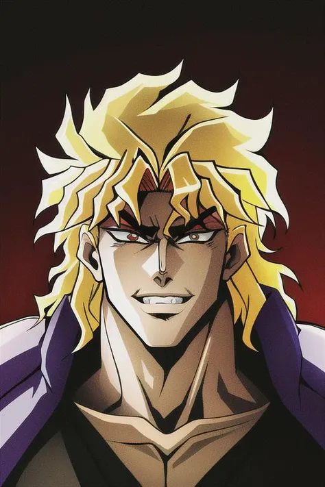 masterpiece, best quality, absurdres, 1boy, upper body, portrait, (dio brando), blonde hair, red eyes, grin, evil, <lora:phantom_blood_battle_tendency:0.65>, araki hirohiko \(style\)