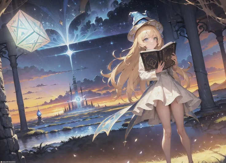 (masterpiece, top quality, best quality, official art, beautiful and aesthetic:1.2), (1 man standing), extreme detailed, highest detailed, (wizard hat), Magician, Wand, Adventure, (detail Outskirts background), (forest), (Magic World), ((A huge blue magic cube with blue light floating in the air)), Magic Circle, Sealed Demon, Wrath, Magic Text, (Huge Book ahead) , wide background, full body, ((long Shot)), (((symmetrical composition))), (front) ,(confident smiley face), (confident eyes), ((Morning)), ((daytime)), clouds, ((elevation angle)), (white clothing)