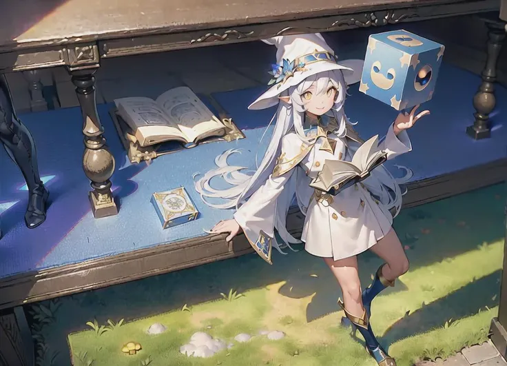 (masterpiece, top quality, best quality, official art, beautiful and aesthetic:1.2), (1 man standing), extreme detailed, highest detailed, (wizard hat), Magician, Wand, Adventure, (detail Outskirts background), (forest), (Magic World), ((A huge blue magic cube with blue light floating in the air)), Magic Circle, Sealed Demon, Wrath, Magic Text, (Huge Book ahead) , wide background, full body, ((long Shot)), (((symmetrical composition))), (front) ,(confident smiley face), (confident eyes), ((Morning)), ((daytime)), clouds, ((elevation angle)), (white clothing)