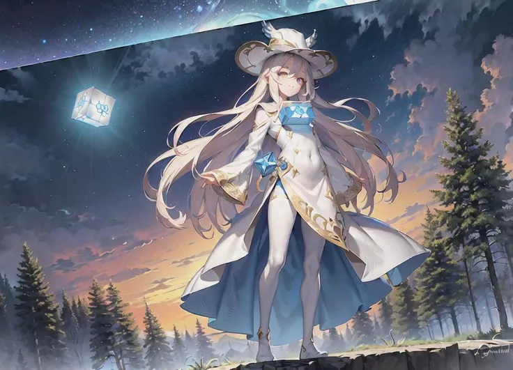 (masterpiece, top quality, best quality, official art, beautiful and aesthetic:1.2), (1 man standing), extreme detailed, highest detailed, (wizard hat), Magician, Wand, Adventure, (detail Outskirts background), (forest), (Magic World), ((A huge blue magic cube with blue light floating in the air)), Magic Circle, Sealed Demon, Wrath, Magic Text, (Huge Book ahead) , wide background, full body, ((long Shot)), (((symmetrical composition))), (front) ,(confident smiley face), (confident eyes), ((Morning)), ((daytime)), clouds, ((elevation angle)), (white clothing)