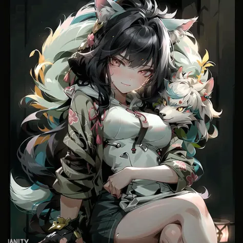 best quality, masterpiece,fisheye,night,(solo:1.2),1girl,wolf girl,hoodie,black hair,beautiful face,crossed legs,right hand on hip,left hand in own hair,evil smile, crazy eyes,<lora:OC:1>