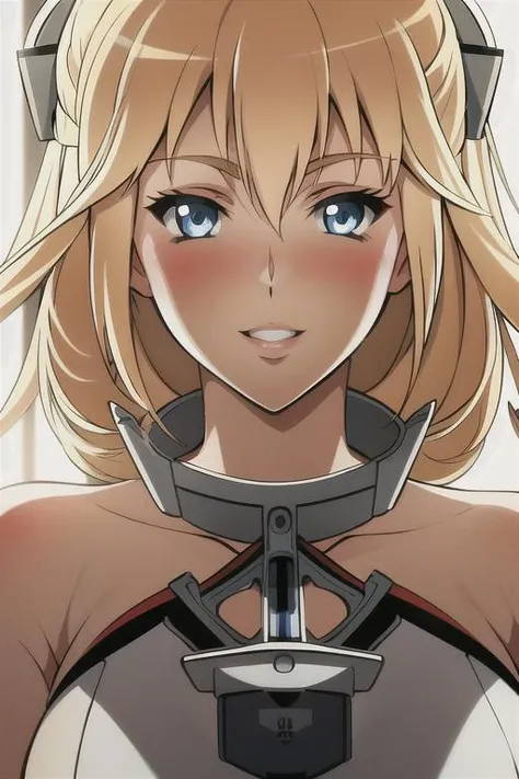 masterpiece, best quality, absurdres, 1girl, <lora:bismarckKancolle_v10:0.7>, bismarck_\(kancolle\),blonde hair, blue eyes, large breasts, bare shoulders, detached sleeves, anchor, white dress, upper body, close-up, portrait, <lora:phantom_blood_battle_tendency:0.6>, araki hirohiko \(style\), looking at viewer, smile, parted lips, blush, (backlighting), dramatic lighting,