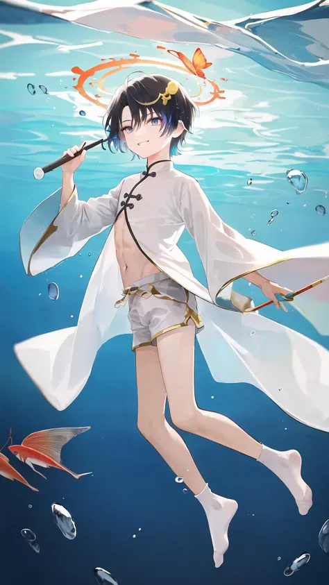 (best quality), {masterpiece}, {extremely detailed}, {ultra-detailed}, {highres}, {absurdres}, (1boy:1.4), young boy, male focus, solo, anime, full body shot, (black chinese clothes, hat with gold plate and spider lily, white shorts, white socks, no shoes), (multicolored hair, black hair, very short hair, blue hair), black background, aqua eyes, water particles, ((background is in the ocean,underwear)), holding a water magic wand, smile, fish, halo, marine organism, coral,blue water butterfly,medium build, (finely detailed face and eyes), in the ocean, (magic world),  cowboy shot, ((full body)) , lens flare, fancy background, blue background, (abs:0.8),ocean,