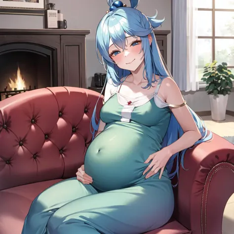 (masterpiece), (best quality), (extremely detailed CG unity 8k wallpaper), (highly detailed), (8k resolution), huge file size, super detailed, high resolution, very detailed, best quality, masterpiece, illustration, very delicate and beautiful, very detailed, cg, unity, 8k wallpaper, fine details, masterpiece, best quality, ultra-fine CG unity 8k wallpaper, game cg, perspective, ray tracing, angle,
The pregnant aqua \(konosuba\) sat on a gold-rimmed red sofa in the living room next to the fireplace, looking down at the loving touch of her pregnant belly,
aqua \(konosuba\), SFW,1girl, solo, long hair, blue hair, blue eyes,medium breasts,
happy,light smile, smiley, ,closed mouth, half-closed eyes, (head down:1.2),looking at another,
pregnant, cure beauty, shengtian,
sitting,
indoors, long couch, fireplace,living room,
blue pajamas, blue nightgown,
wide shot,
Outside the window is the yard,
<lora:aquaKonosubaLora_1:0.7>