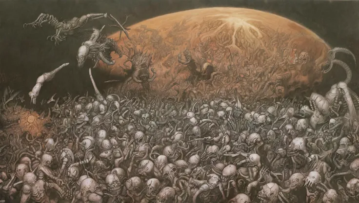 a painting depicting the Battle of Verdun in the style of Beksinski, Yerka,Giger,Escher, surrealism, nightmare, desolate, apocalyptic