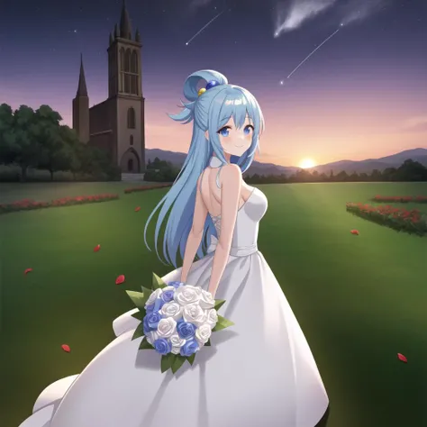 best quality, ultra-detailed, masterpiece,(masterpiece:1.2), hires, 8k,
extremely detailed CG unity 8 k wallpaper, unreal engine rendered,
illustration, anime, comic, game cg,
aqua \(konosuba\),1girl, solo, medium breasts, long hair, blue hair, blue eyes,
wedding dress, wedding ring, bride, wedding,
smiley face, smiley eyes, happy, looking at viewer,pov,looking back,
(outdoors:1.2),rose petals, flowers meadows, bouquet, red rose, grasslands, flower field, church,
sky, dusk, cloud,starry sky, sunset, shooting star,
<lora:aquaKonosubaLora_1:0.5>