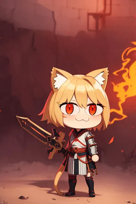 japanese armor,fire_effects,holding sword,necoarc,chibi,solo,slit pupils,slit_pupils,:3,blonde hair, animal ears,
<lora:necoarcv003a:0.7>