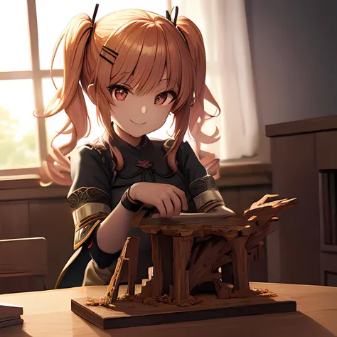 extremely detailed, 8k, sharp focus, beautiful hands, detailed fingers, anime girl making big wood sculpture on table, twintails, hairpin, hairclip, smile, vignette, depth of field, dark ambiance, god rays,