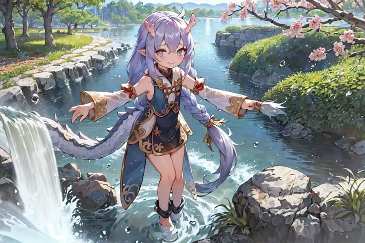 ((masterpiece)), (best quality:1.2),(very fine 8K CG wallpaper1.2),colorful,(ultra-detailed:1.2),(illustration:1.2),
smile,(open arms:1.2),bent over, ,(full body:1.2), (from above:1.1),(foot:1.2)
<lora:bailu:0.6>,1girl bailu,twin braids, (dragon tail:1.2), detached sleeves fur trim chinese clothes yellow tassel
,simple background,outdoor, river, rural style,grass,(sakura tree:1.3),foot in river,(waterfall:0.8),rock
Wet girl, playing with water,girl sank river,Sweat,(see-through:1.1),girl manipulated water flow,Water Wizard
(huge water flow in the air:1.2), (Large droplets of water in the air:1.5),
(huge Water flowing in the air around the girl:1.2)
