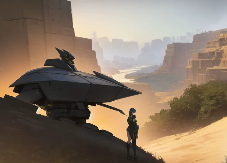 masterpiece, highres ,1girl, <lora:hyocorou-16:1> hyocorou, detailed background, mecha, science fiction, canyon, desert, river, day