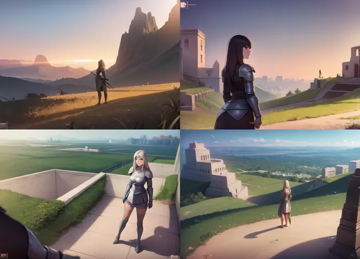 standing on hill, masterpiece, highres ,1girl in foreground, woman wearing armor, roman armor, <lora:mixplin-10:1>, landscape, legionnaire, hills, roman city in the distance, detailed background