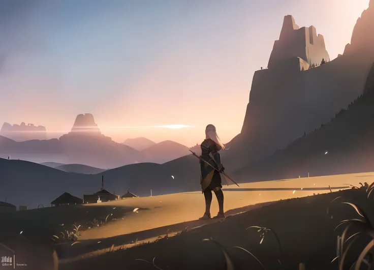 standing on hill, masterpiece, highres ,1girl in foreground,  woman wearing armor, roman armor, <lora:mixplin-10:1>, landscape, legionnaire, hills, roman city in the distance, detailed background