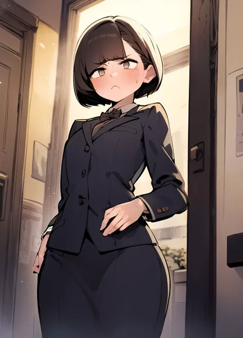 standing, masterpiece, highres ,1girl, <lora:hyocorou-16:1> hyocorou, cowboy shot, bob, brown hair, blunt bangs, school uniform, blush, medium hair, frown,