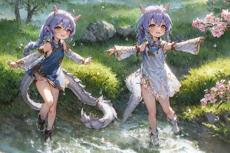 ((masterpiece)), (best quality:1.2),(very fine 8K CG wallpaper1.2),colorful,(ultra-detailed:1.2),(illustration:1.2),
smile,(open arms:1.2),bent over, ,(full body:1.2), (from above:1.1),(foot:1.2),(perfect hands:1.1),(Open palms:1.4),(slim small hand:1.2)
<lora:bailu:0.6>,1girl bailu,twin braids, (dragon tail:1.2), detached sleeves fur trim chinese clothes yellow tassel
,simple background,outdoor, river, rural style,grass,(sakura tree:1.3),foot in river,(waterfall:0.8),rock
Wet girl, playing with water,girl sank river,Sweat,(see-through:1.1),girl manipulated water flow,Water Wizard
(huge water flow in the air:1.2), (Large droplets of water in the air:1.5),
(huge Water flowing in the air around the girl:1.2)