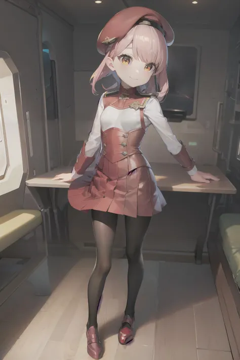 beautiful, masterpiece, best quality, extremely detailed face, perfect lighting, vibrant colors, 1girl, petite, black_legwear, standing, MOMO Mizrahi, small breasts, full_body, red beret, pantyhose, pink_hair, shoes, smile, solo, spaceship interior  <lora:Momo136:1>