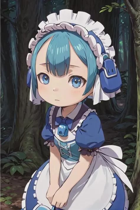 1boy, 
 masterpiece, ultra detail, forest
 <lora:marulk-000007:0.6> marulk,  solo, looking at viewer,
 tree, puffy short sleeves, maid, maid headdress, capelet, otoko no ko, pouch, male child, whistle, blue capelet, whistle around neck